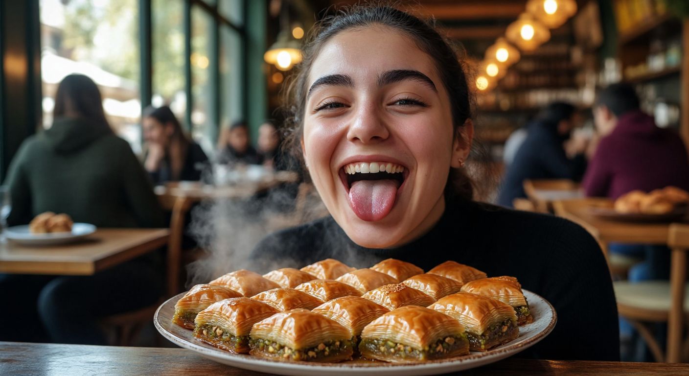 A playful scene of a person in Turkey grinning mischievously while licking their lips in front of a steaming plate of baklava, their eyes sparkling with delight.