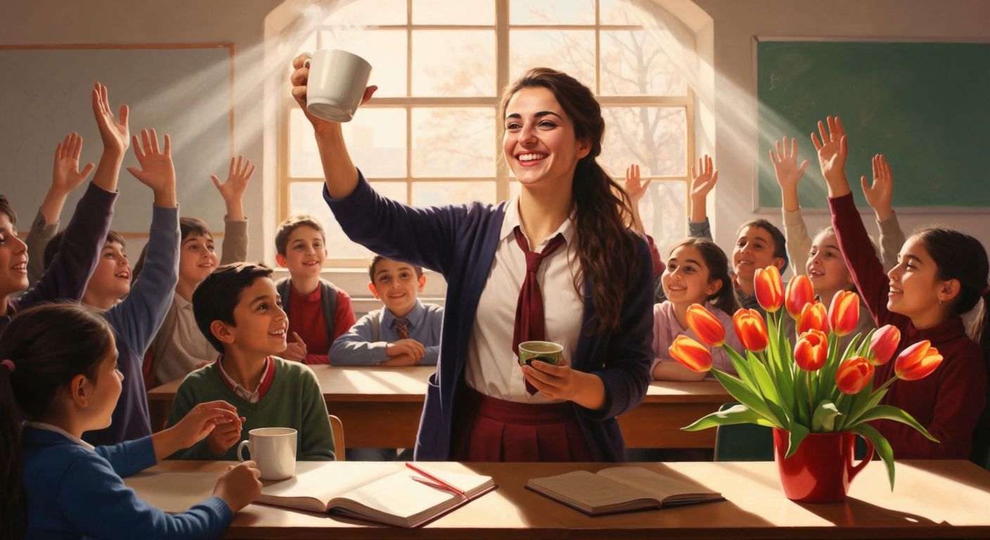 A cheerful Turkish teacher in a sunlit classroom smiles warmly while holding a cup of steaming çay, surrounded by diverse students raising their hands eagerly, with a vibrant bouquet of tulips on the desk.