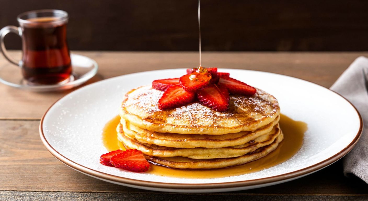 A warm stack of golden-brown pancakes drizzled with honey, topped with fresh strawberries and a dusting of powdered sugar, served on a rustic wooden table with a steaming cup of Turkish tea in the background.