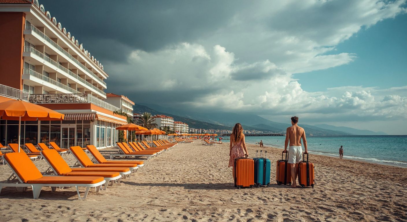 A desolate Turkish beach resort with empty sunbeds, a closed hotel entrance, and a frustrated family holding unused luggage under a cloudy sky.