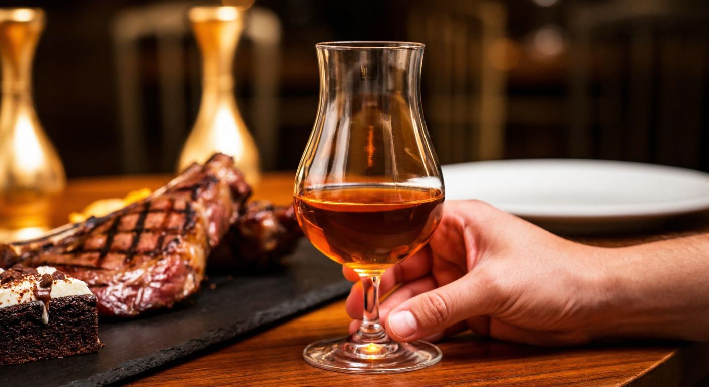 A hand holding a tulip-shaped glass filled with amber Clase Azul Tequila, resting on a wooden table beside grilled meats and a chocolate dessert, with warm lighting highlighting the drink’s rich aroma.