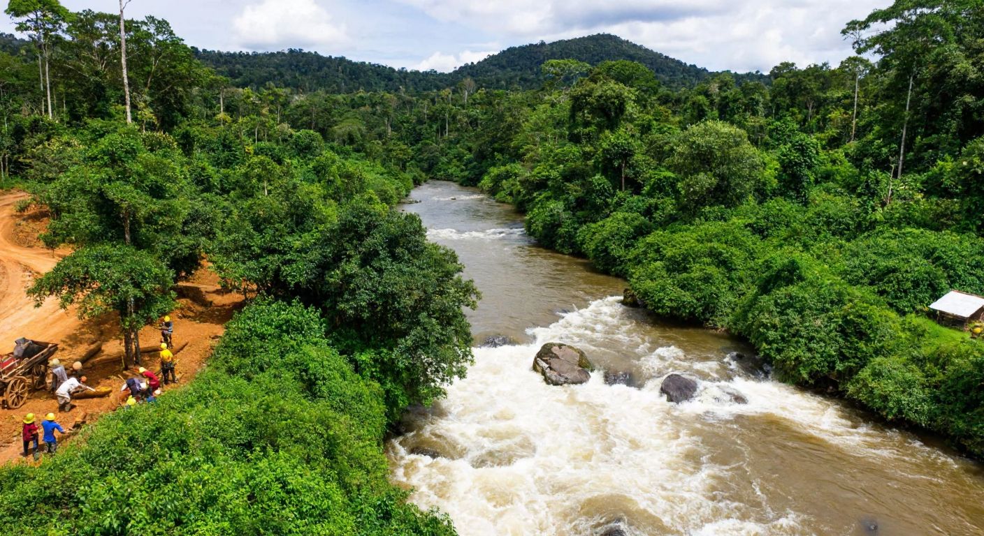A vibrant scene of the Amazon rainforest with a flowing river, surrounded by lush greenery, while workers harvest coffee beans and miners extract minerals in the background, reflecting Brazil's natural wealth and cultural diversity.