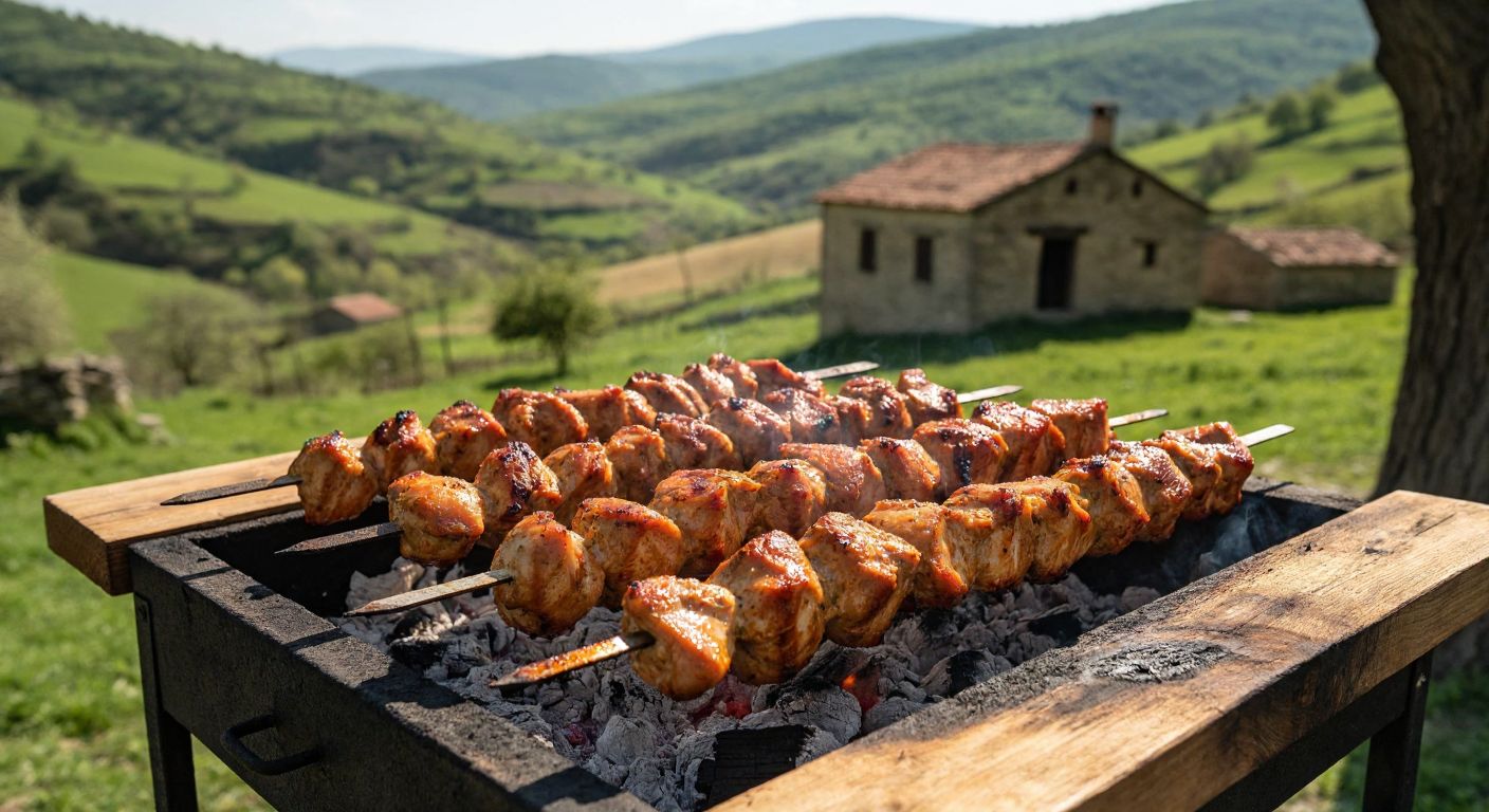 A rustic wooden table in a sunlit Trakya village setting holds a sizzling skewer of tender, golden-brown tavuk satırı, freshly grilled over a meşe kömürü mangal, with a backdrop of rolling green hills and a traditional stone farmhouse.