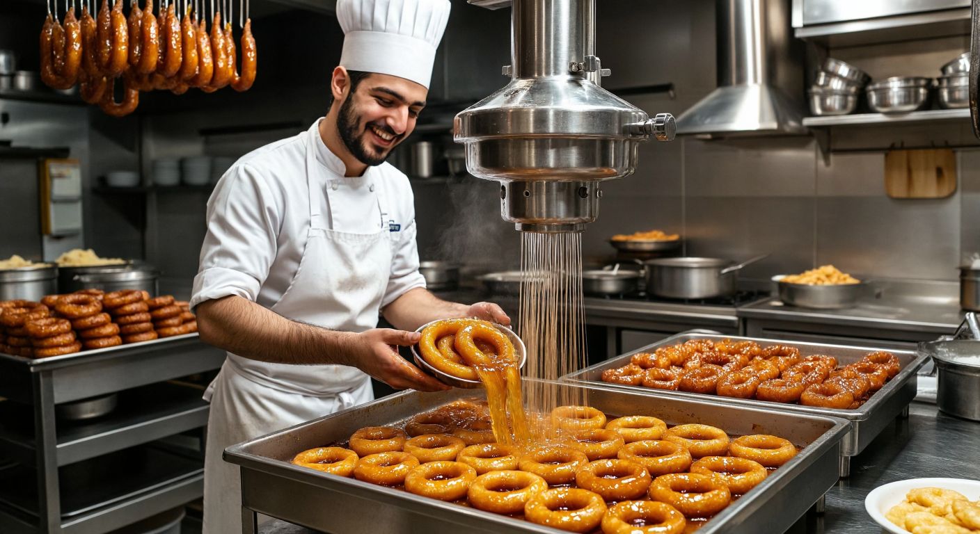 A warm Turkish kitchen with a stainless steel dough press machine squeezing golden, crispy tulumba and halka tatlısı into a tray, while a cook in a white apron smiles nearby, the air filled with the sweet scent of syrup.