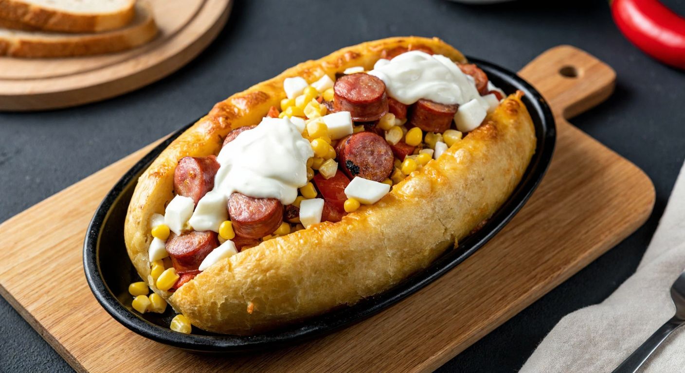 A golden-brown tray of bubbling kumpir, topped with melted kaşar cheese, dollops of yogurt, and scattered optional toppings like sliced sausages and corn, sits on a rustic wooden table in a cozy Turkish kitchen.