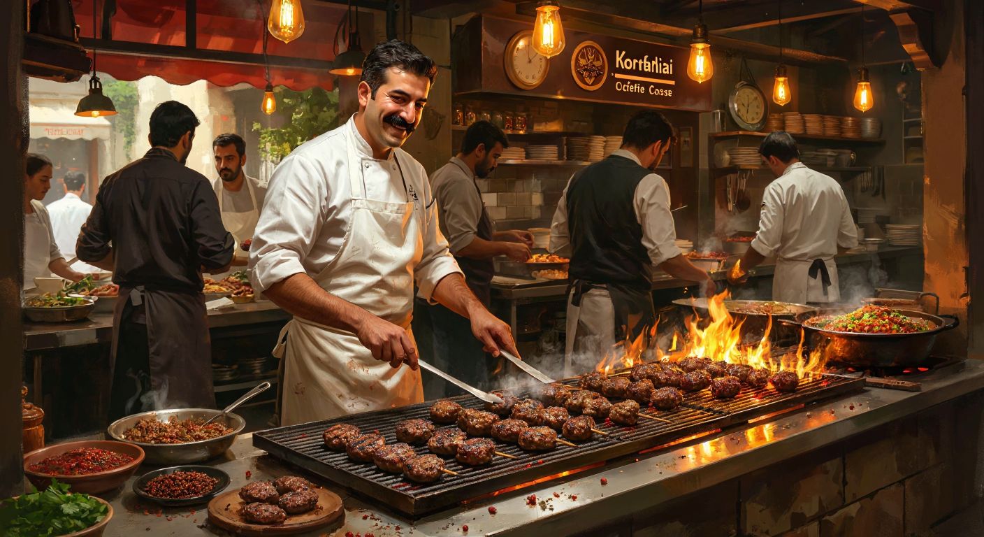 A bustling Turkish köfteci restaurant with a warm, wood-fired grill sizzling with meatballs, surrounded by eager customers and a mustachioed chef in a white apron, evoking the aroma of spices and the lively atmosphere of a local eatery.