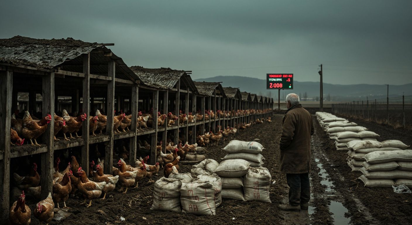 A somber Turkish poultry farm with empty chicken coops, stacked unpaid feed sacks, and a worried farmer staring at a fluctuating currency exchange board in the distance.