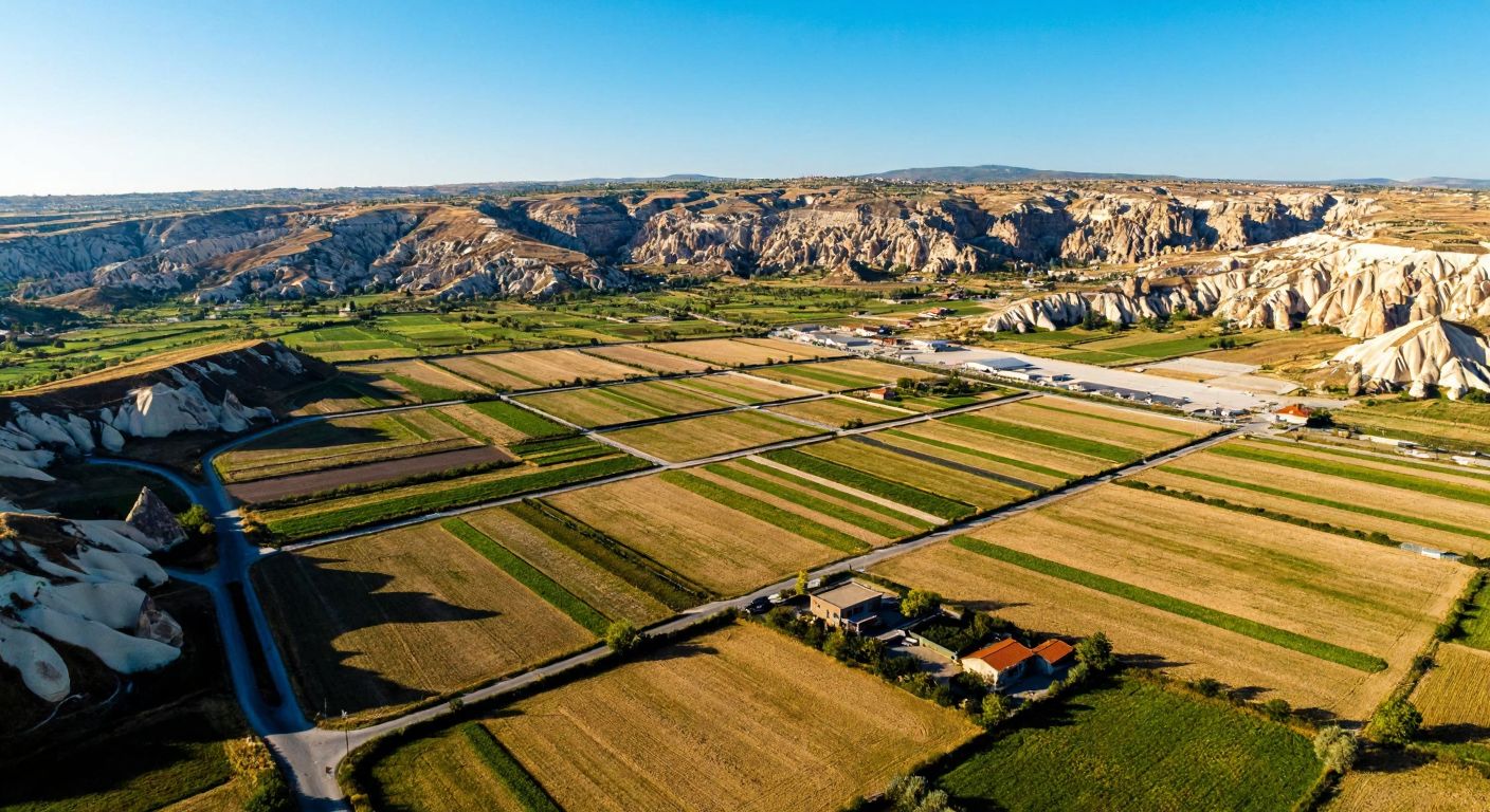 Aerial view of Nevşehir's industrial zone with neatly divided plots under a clear blue sky, surrounded by the region's distinctive rocky landscape.
