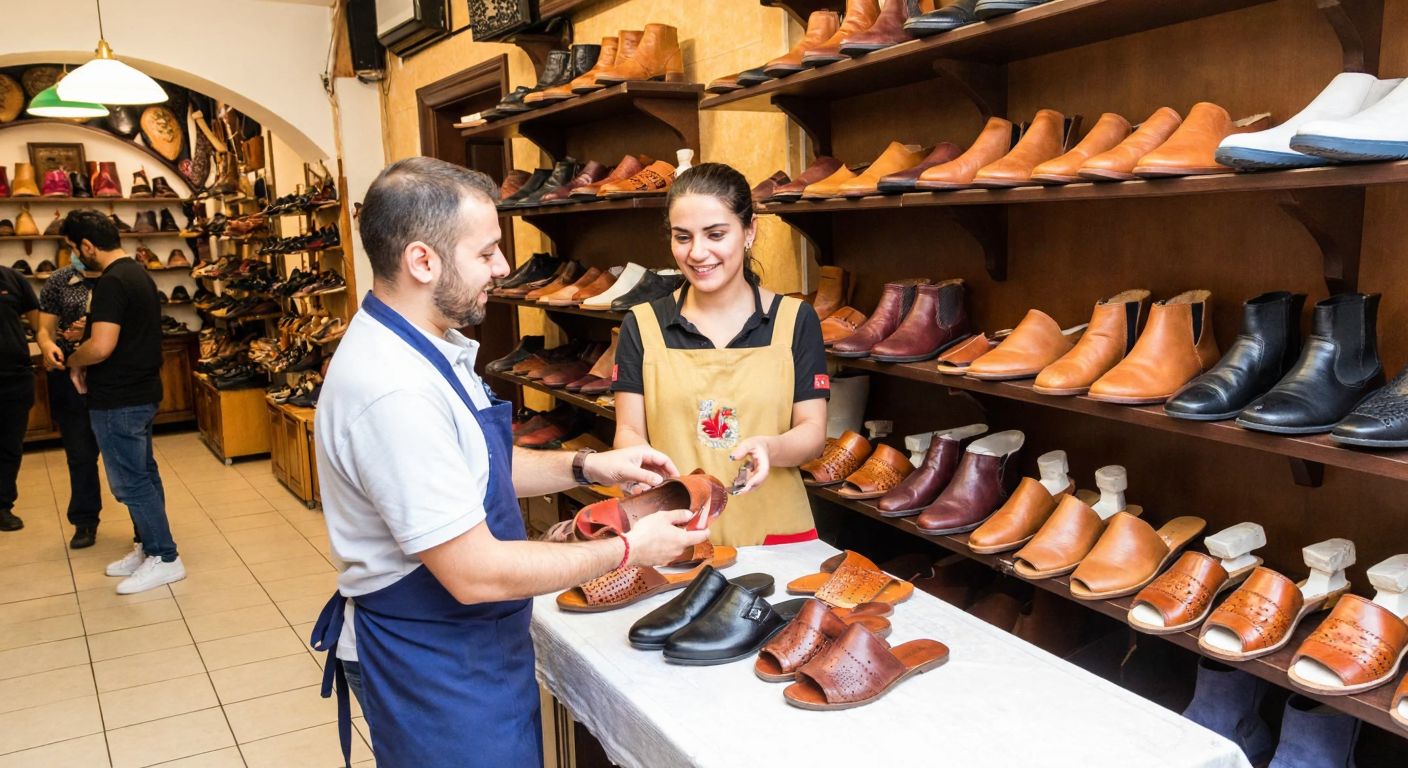 A bustling Istanbul shoe store with neatly arranged shelves of colorful leather shoes, sandals, and boots, while a smiling shopkeeper in a crisp apron assists a customer examining a pair of traditional Turkish leather slippers.