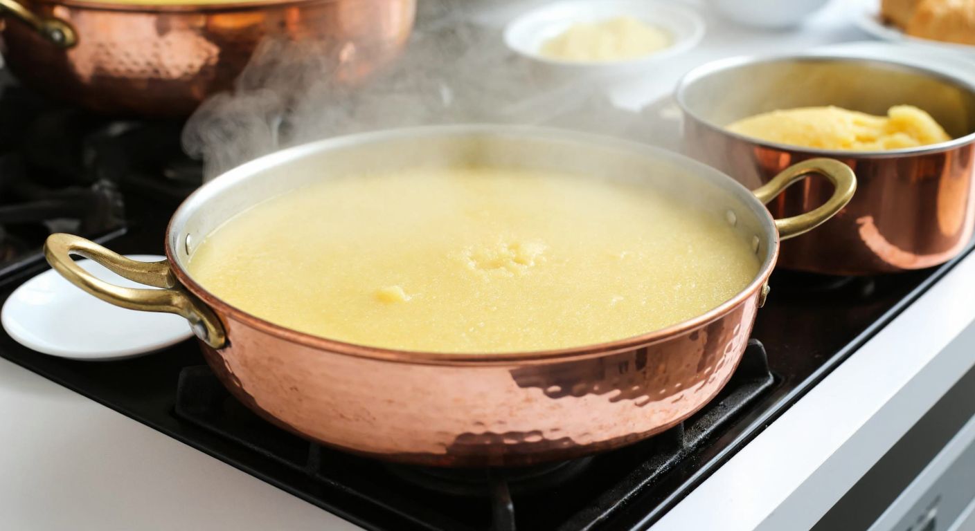 A large copper pot filled with golden semolina helva, steaming on a stove, surrounded by small plates ready to serve a bustling Turkish family gathering.