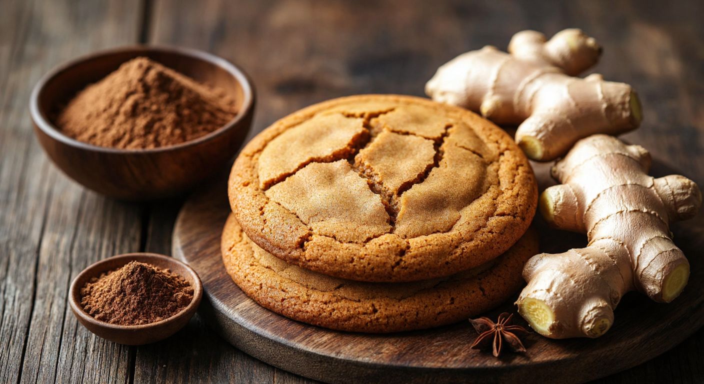 A golden-brown spiced cookie with cracked edges sits on a rustic wooden table next to a small bowl of ground cinnamon and fresh ginger root, evoking warmth and indulgence while subtly hinting at its less healthy nature.