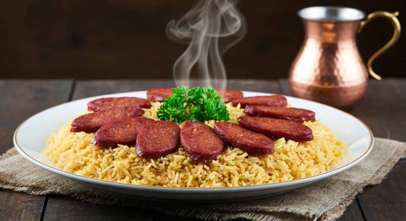 A steaming plate of golden rice topped with thick slices of dark red **kangal sucuk**, garnished with fresh parsley, set on a rustic wooden table with a traditional Turkish copper pitcher in the background.
