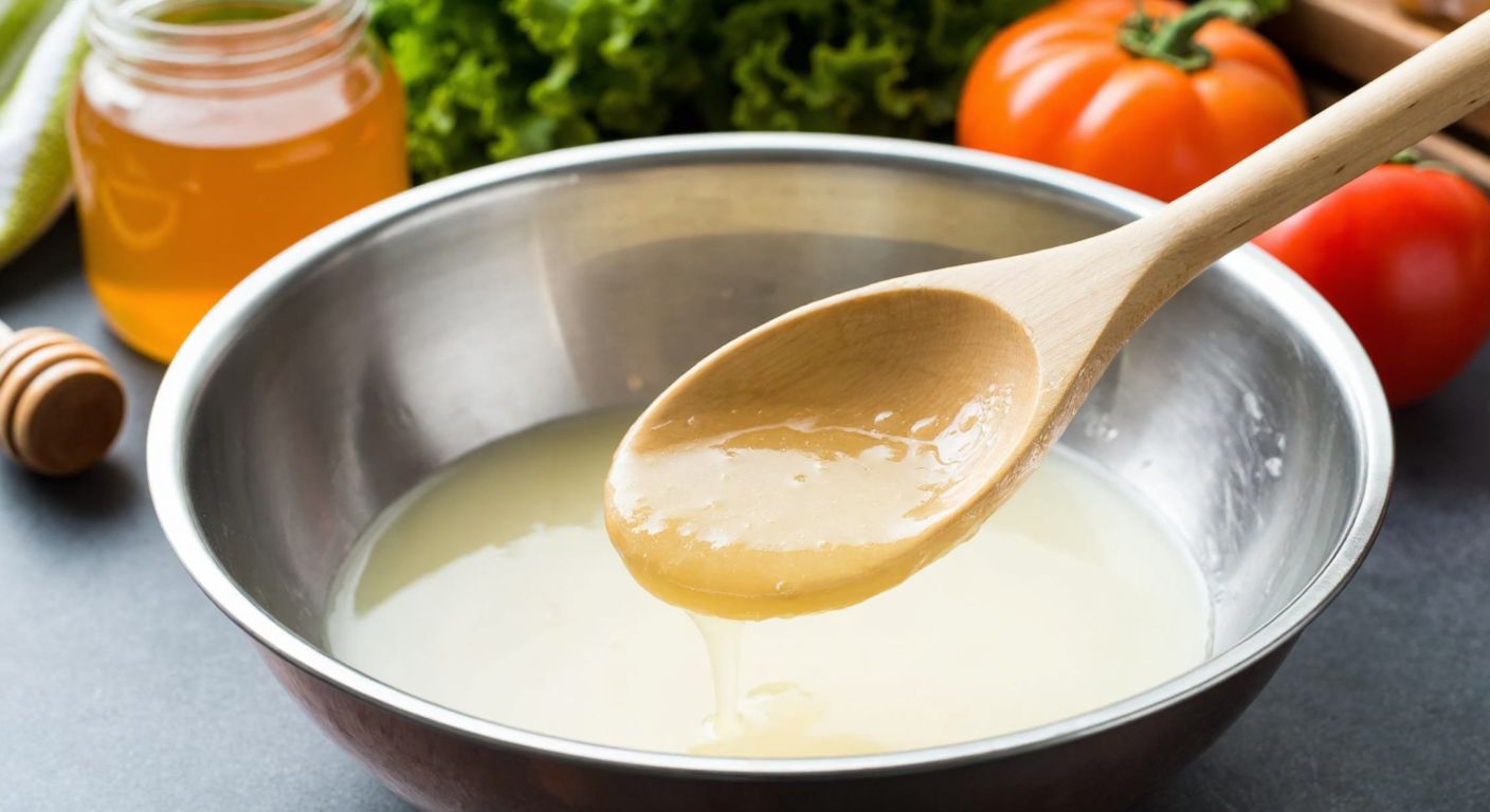 A wooden spoon stirring a thick, glossy mixture of starch and water in a stainless steel bowl, with a backdrop of a rustic kitchen counter holding fresh vegetables and a jar of honey.