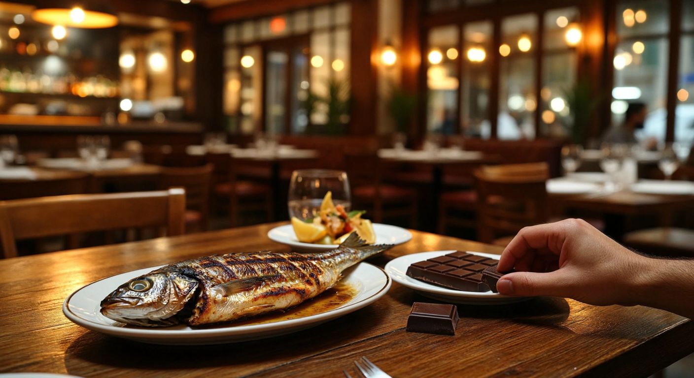 A Turkish dining table with a freshly grilled fish on a plate beside a piece of dark chocolate, a hand hesitating between them, with a warm, dimly lit restaurant in the background.
