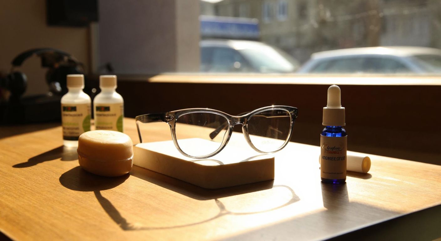 A pair of sleek, modern glasses with clear lenses resting on a wooden table in a cozy Turkish optician's shop, surrounded by small bottles of anti-fog solution and a bar of soap, with warm sunlight streaming through the window.
