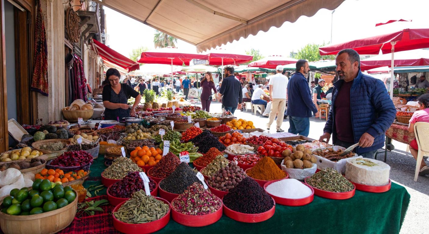 A bustling outdoor market in Bergama, Turkey, with vendors proudly displaying fresh local produce, colorful spices, and traditional dishes, while a documentary crew films the vibrant scene.