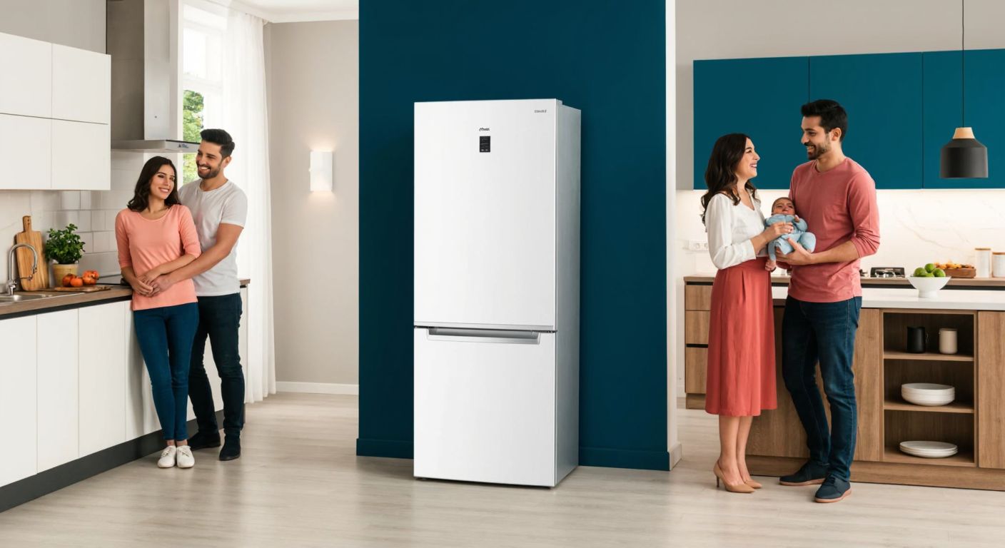 A sleek white Arçelik No Frost refrigerator stands in a modern Turkish kitchen, with a smiling family gathered around it, exuding trust and satisfaction.
