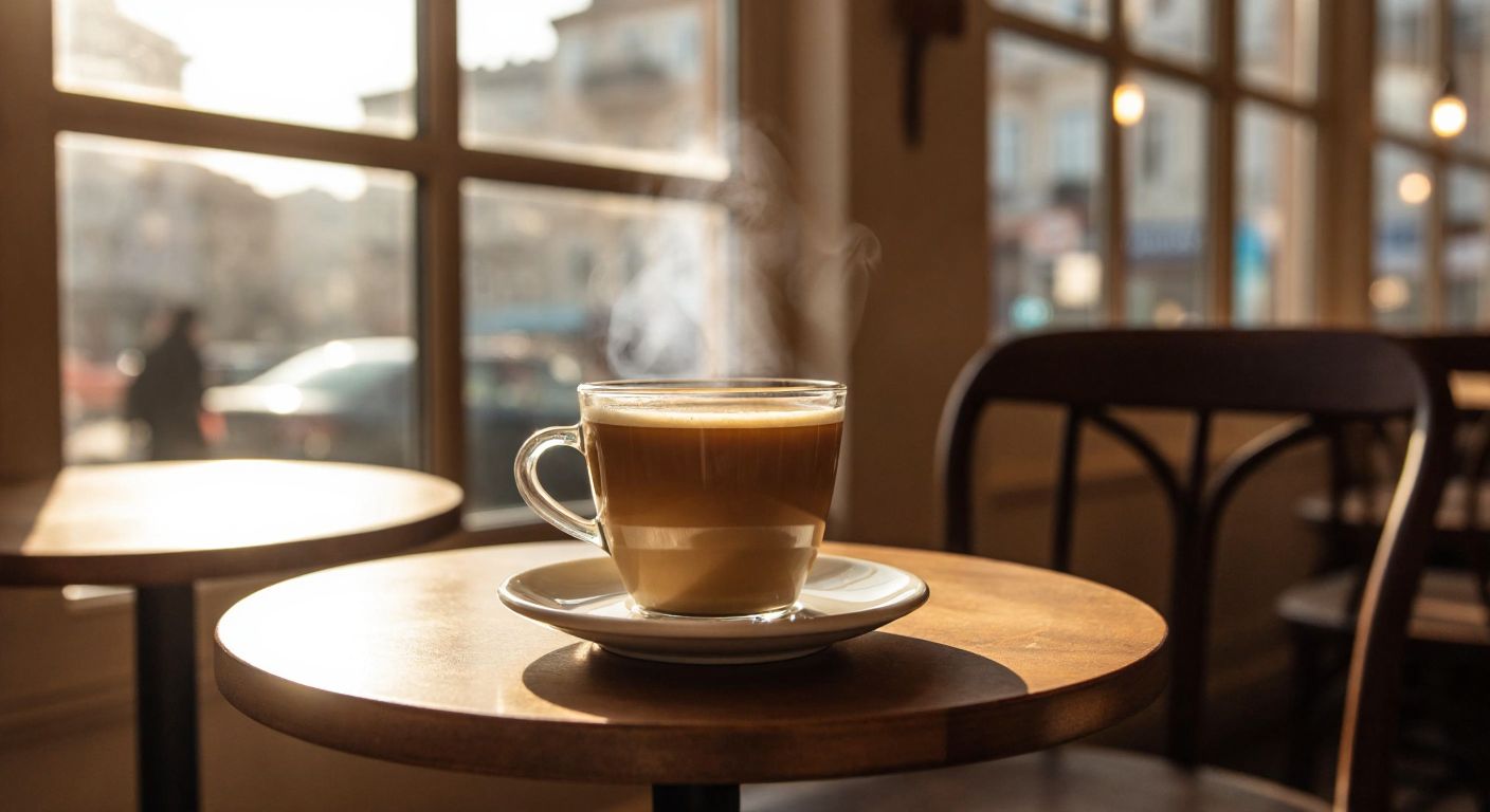A steaming cup of lungo coffee sits on a small wooden table in a cozy Turkish café, with soft morning light filtering through the window, reflecting its smooth, light-brown surface.