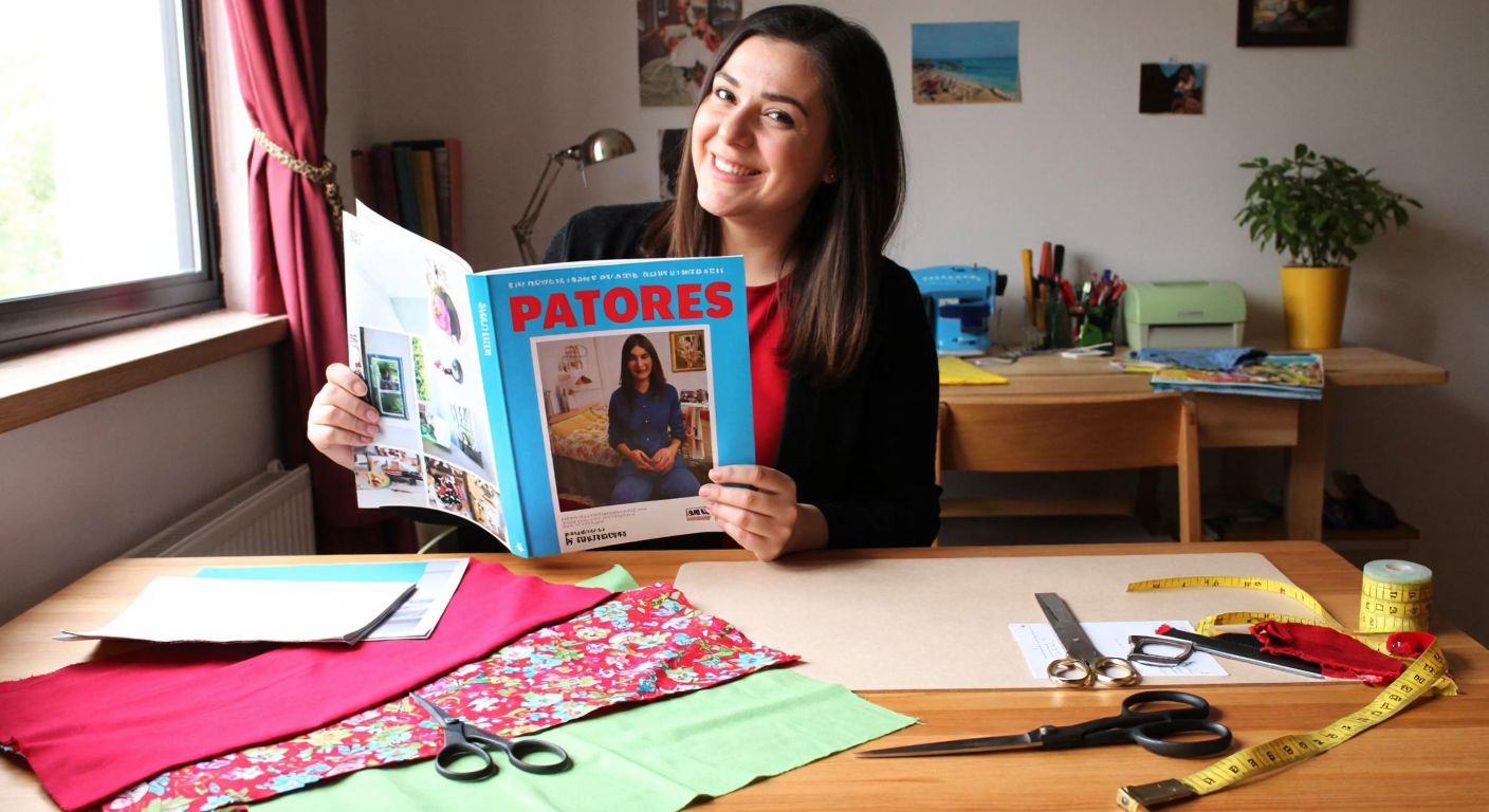 A Turkish woman in a cozy home sewing room, smiling as she holds up a colorful *Patrones* sewing magazine, surrounded by fabric scraps, scissors, and a measuring tape on a wooden table.