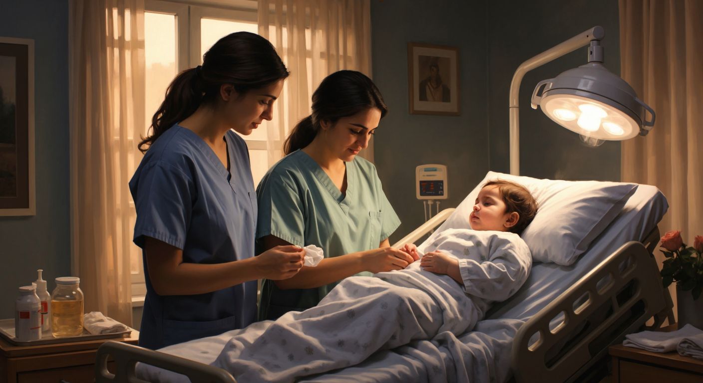 A warm hospital room with a Turkish mother cradling her newborn while a nurse in scrubs gently demonstrates proper swaddling techniques, surrounded by soft blankets and a radiant warmer.