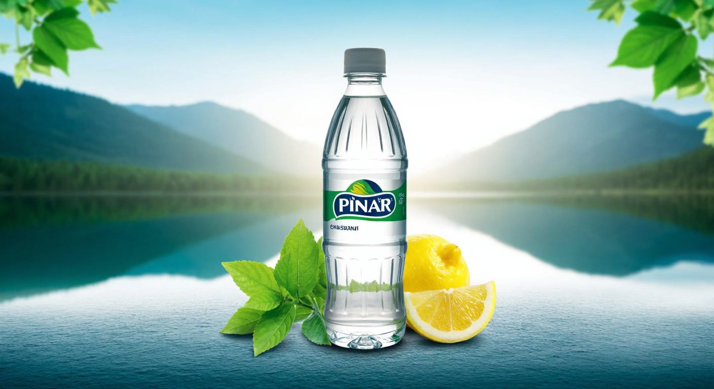 A clear glass bottle of Pınar Su with a mountain spring backdrop, surrounded by fresh green leaves and a slice of lemon, evoking freshness and natural taste.