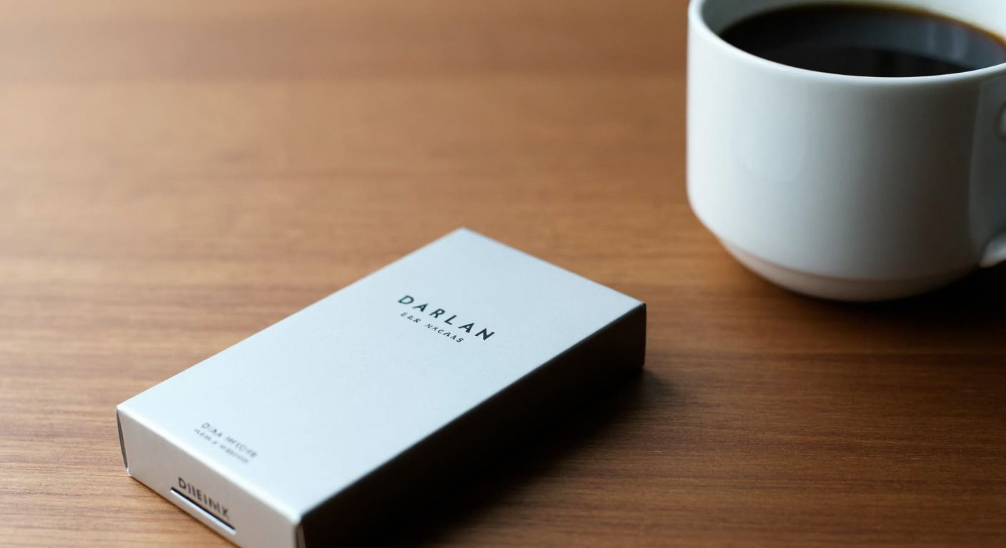 A sleek, modern Danish cigarette pack with a minimalist design, placed on a wooden table next to a cup of black coffee, evoking a Scandinavian aesthetic.