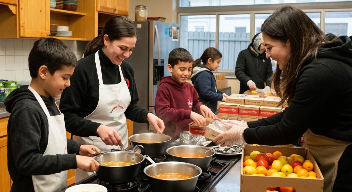 A warm Turkish kitchen scene where volunteers in aprons serve steaming bowls of soup to smiling orphaned children, while others pack boxes of food and winter coats for distribution, evoking compassion and community support.