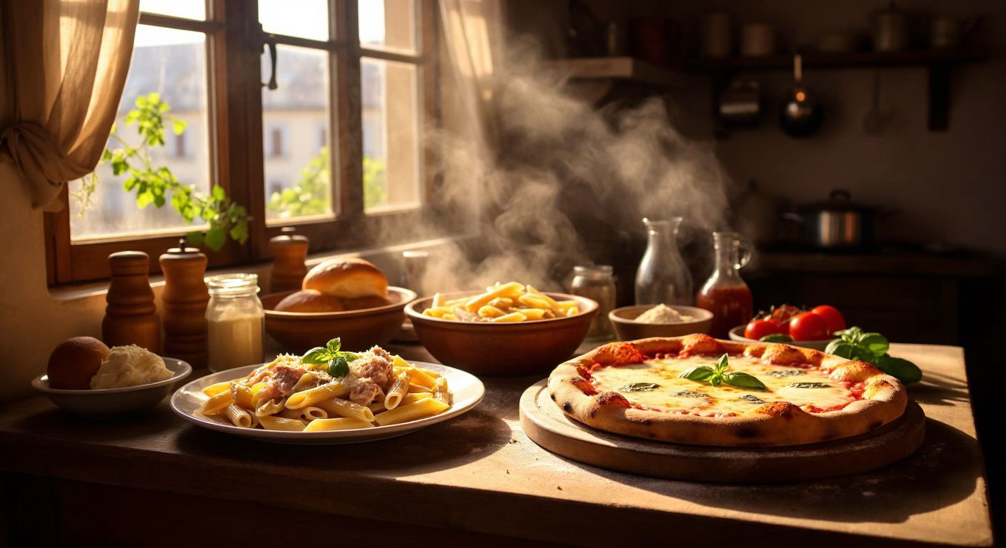 A rustic Italian kitchen with a wooden table displaying a steaming plate of pasta alla carbonara, a freshly baked pizza margherita with melted cheese, and a colorful scoop of gelato in a ceramic bowl, bathed in warm golden light.