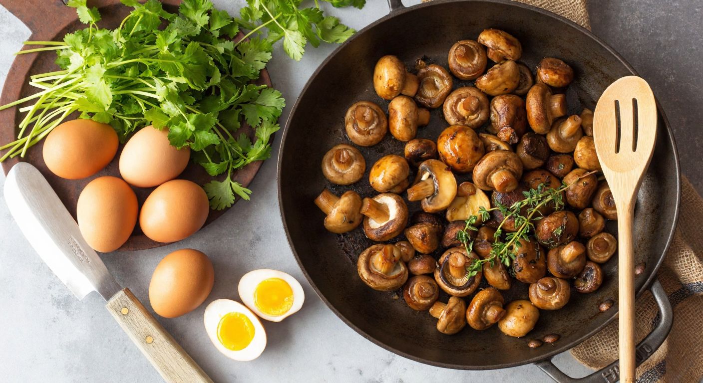 A rustic Turkish kitchen with a sizzling pan of golden sautéed mushrooms (kestane, kültür, and yumurta mantarı) alongside fresh eggs, fresh herbs, and a wooden spoon, evoking warmth and earthy flavors.