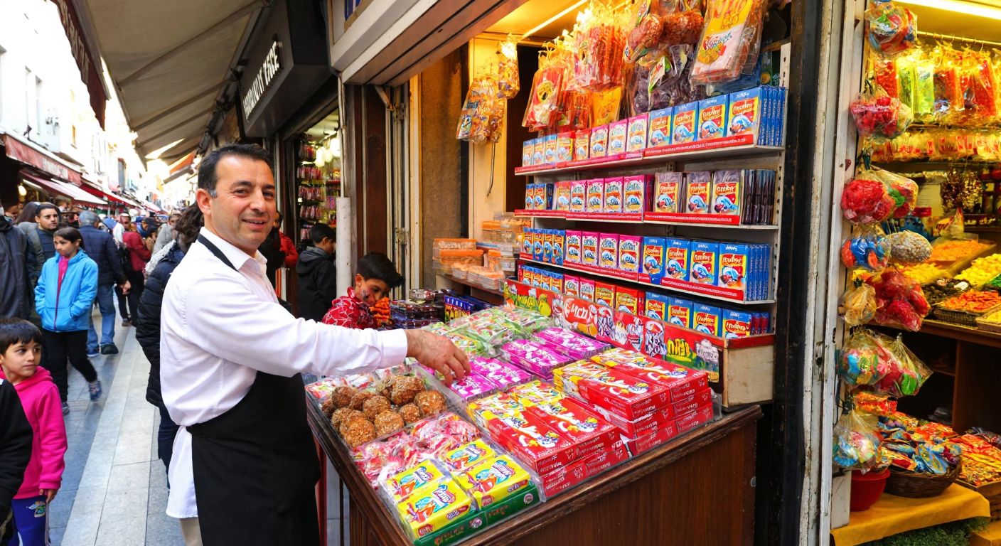 A colorful display of Perfetti gum packets on a small wooden kiosk in a bustling Turkish bazaar, with a vendor in a traditional apron smiling as children reach for the treats.
