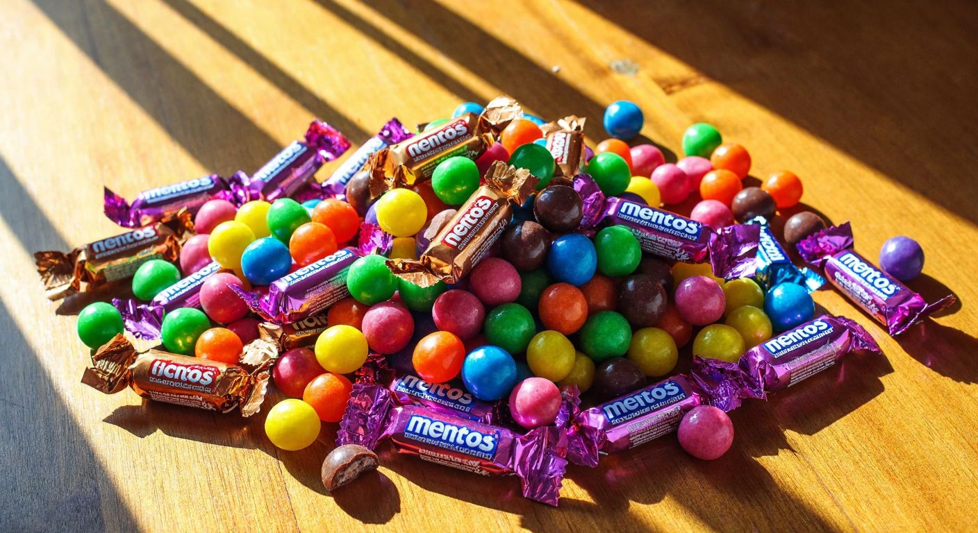 A vibrant display of colorful Mentos candies—Choco, CleanBreath, and Sours—spilled from their shiny wrappers onto a sunlit wooden table, evoking curiosity and sweet temptation.