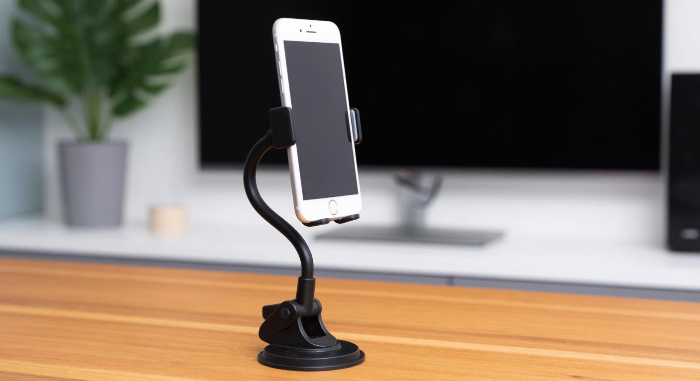 A sleek black flexible mounting stand grips a smartphone on a wooden table, its adjustable arms bent at various angles to hold the device securely.