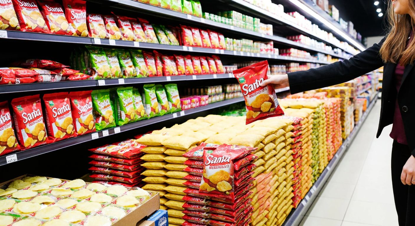 A vibrant supermarket aisle in Turkey with neatly stacked bags of Samba truffle-flavored potato chips, a customer reaching for one with a pleased expression, surrounded by shelves filled with colorful snack packages.