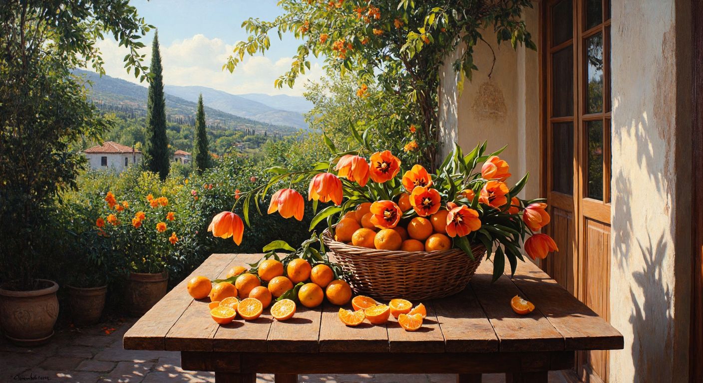 A vibrant wooden table in a sunlit Turkish garden holds a basket of fresh turunç and tamarind, surrounded by a bouquet of ters lale and tütün çiçeği, their petals glowing under the warm light.