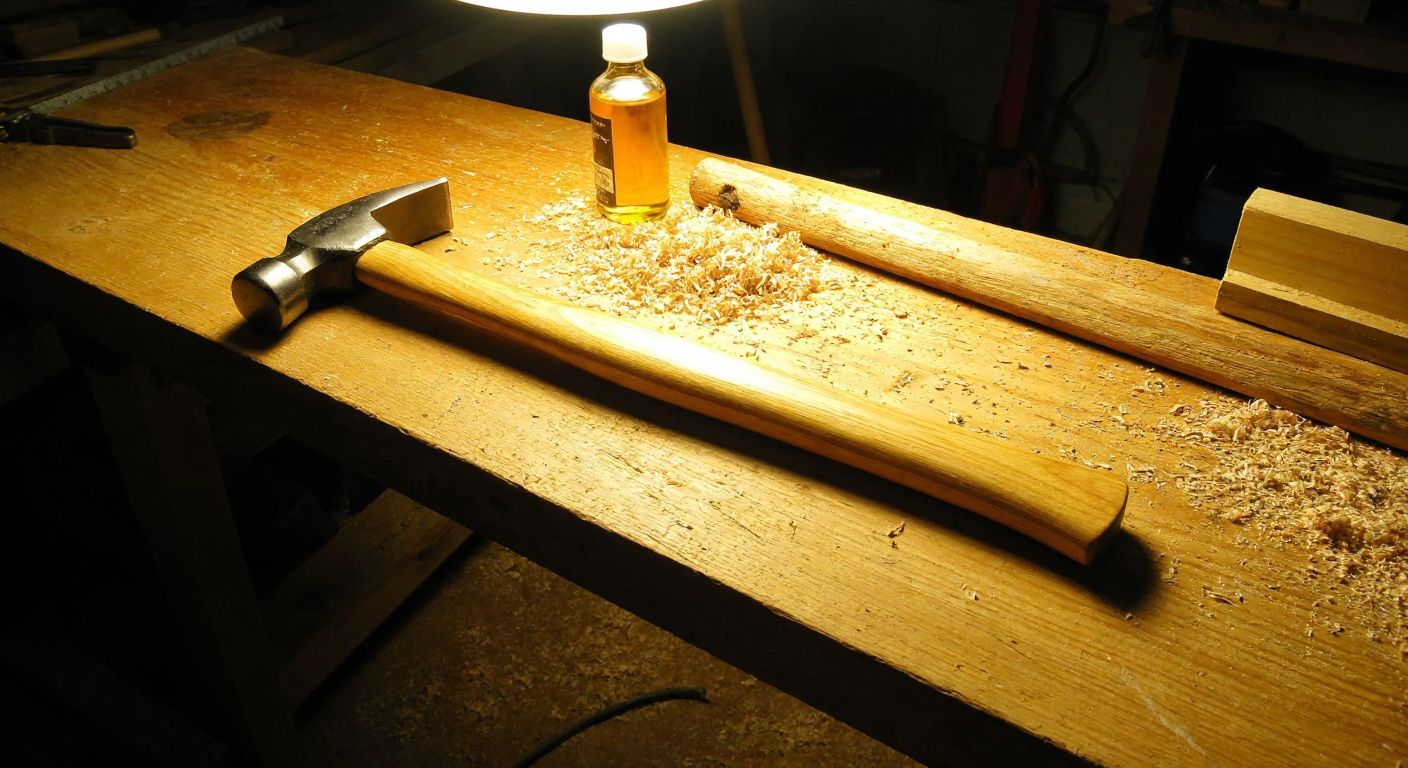 A weathered wooden workbench with a hammer head and a freshly carved wooden handle lying beside it, surrounded by wood shavings and a small bottle of oil, under the warm glow of a workshop light.