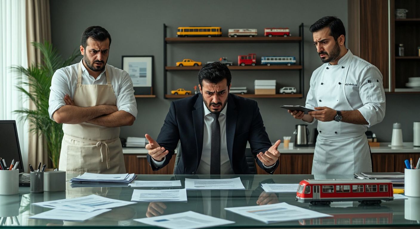A tense meeting in a modern Turkish office, with a frustrated businessman in a suit slamming a contract on a glass table, while another man in a chef's apron looks on with concern, surrounded by scattered documents and a model train on a shelf.