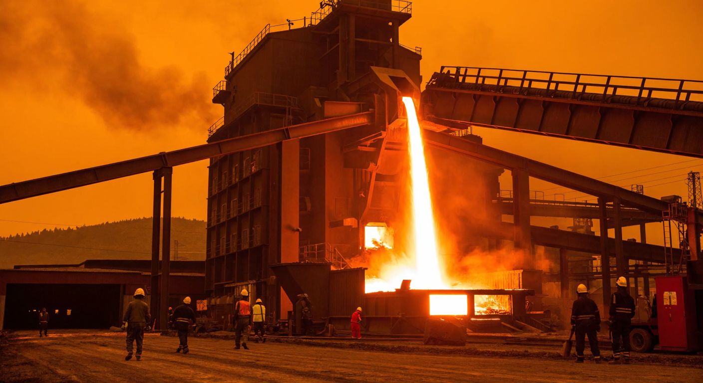 A towering steel factory in Karabük, with glowing molten metal pouring from a furnace, surrounded by workers in protective gear under a smoky orange sky.