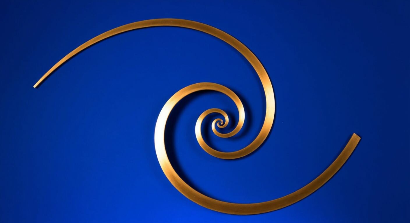 A golden spiral unfurling against a deep blue background, its elegant curves embodying the mathematical harmony of phi, with a warm glow highlighting its perfect proportions.