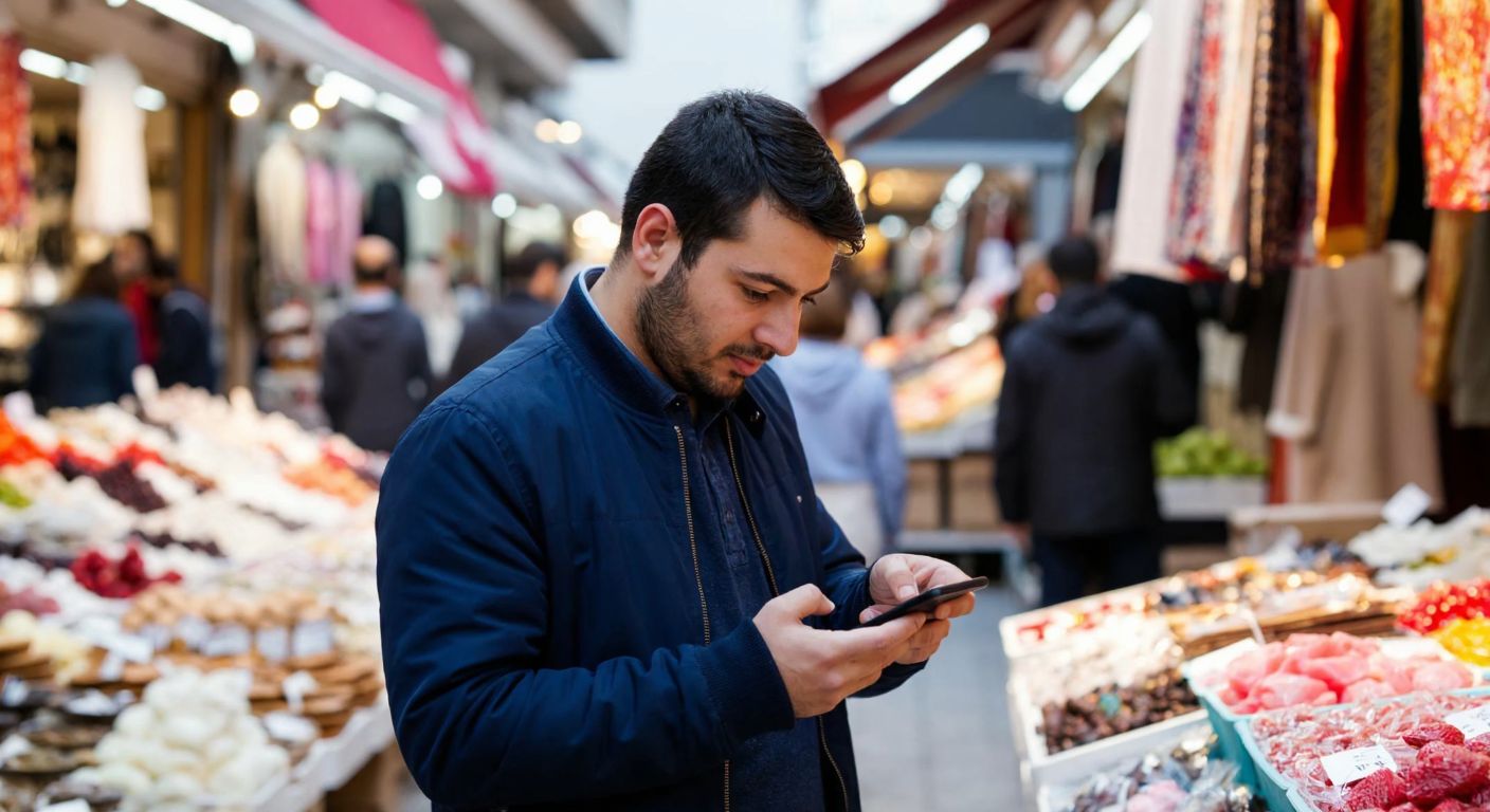A Turkish shopper in a bustling bazaar carefully comparing prices on colorful product tags while holding a smartphone with a price-tracking app open.