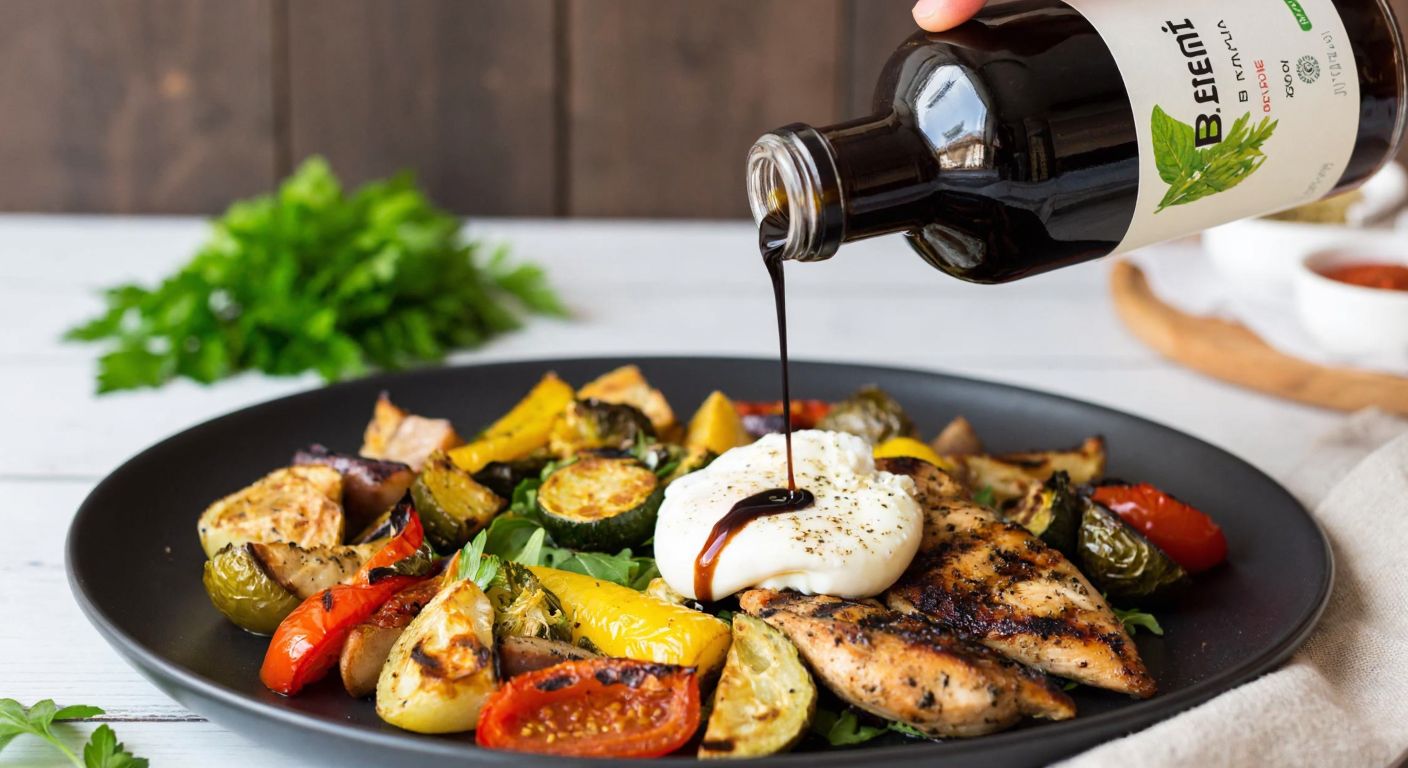 A dark glass bottle of balsamic sauce drizzled over a colorful plate of grilled vegetables, roasted chicken, and creamy burrata cheese, with a rustic wooden table and fresh herbs in the background.