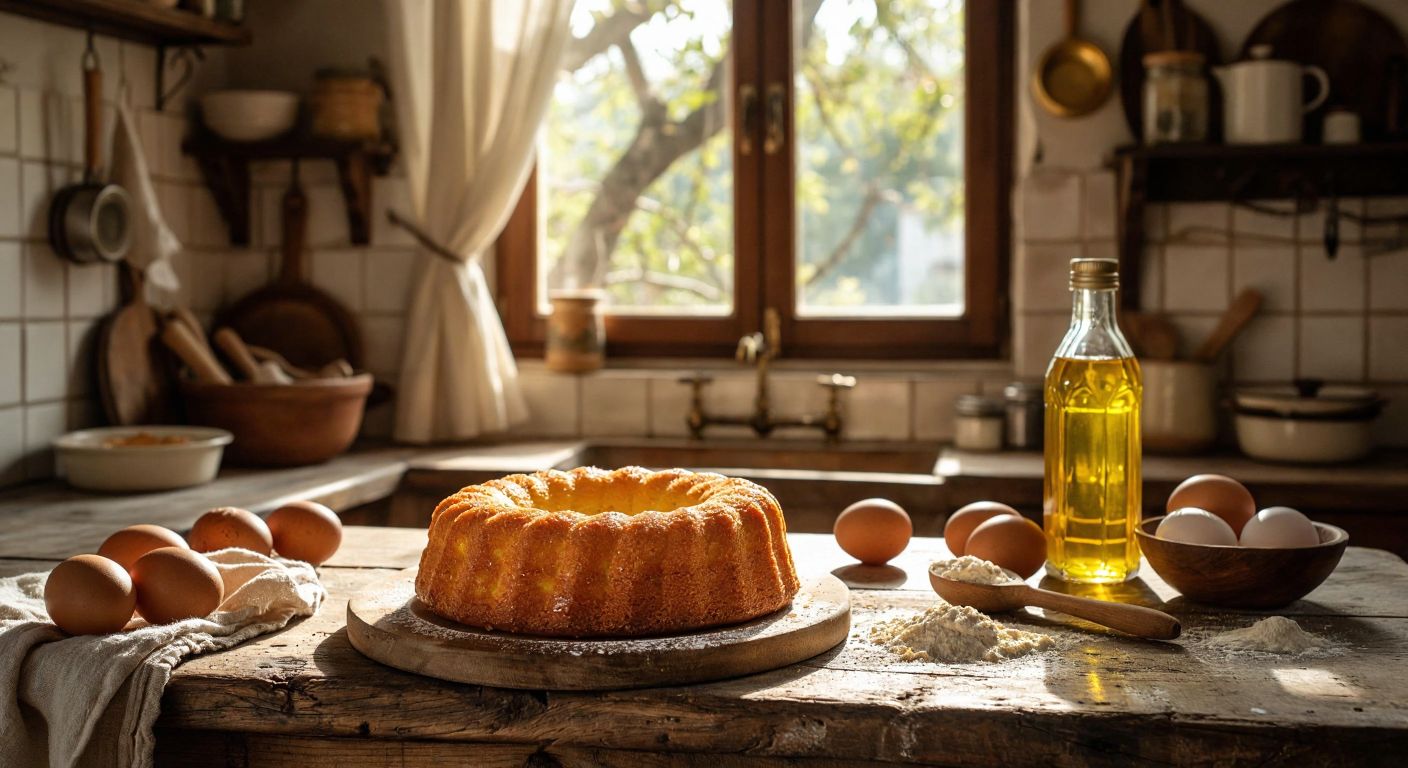 A golden, fluffy cake sits on a rustic wooden table in a sunlit Turkish kitchen, with a bottle of corn oil and baking ingredients like eggs and flour nearby, evoking warmth and homemade comfort.