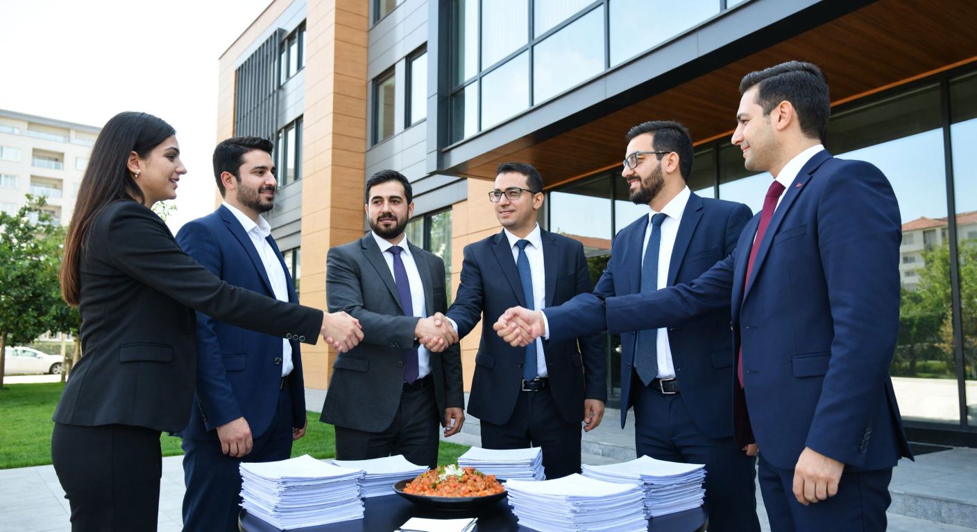 A group of well-dressed Turkish businesspeople shaking hands in front of a modern office building in Niğde, with stacks of documents symbolizing trade agreements and a warm plate of local dish *mantı* on a nearby table, reflecting economic collaboration and community support.