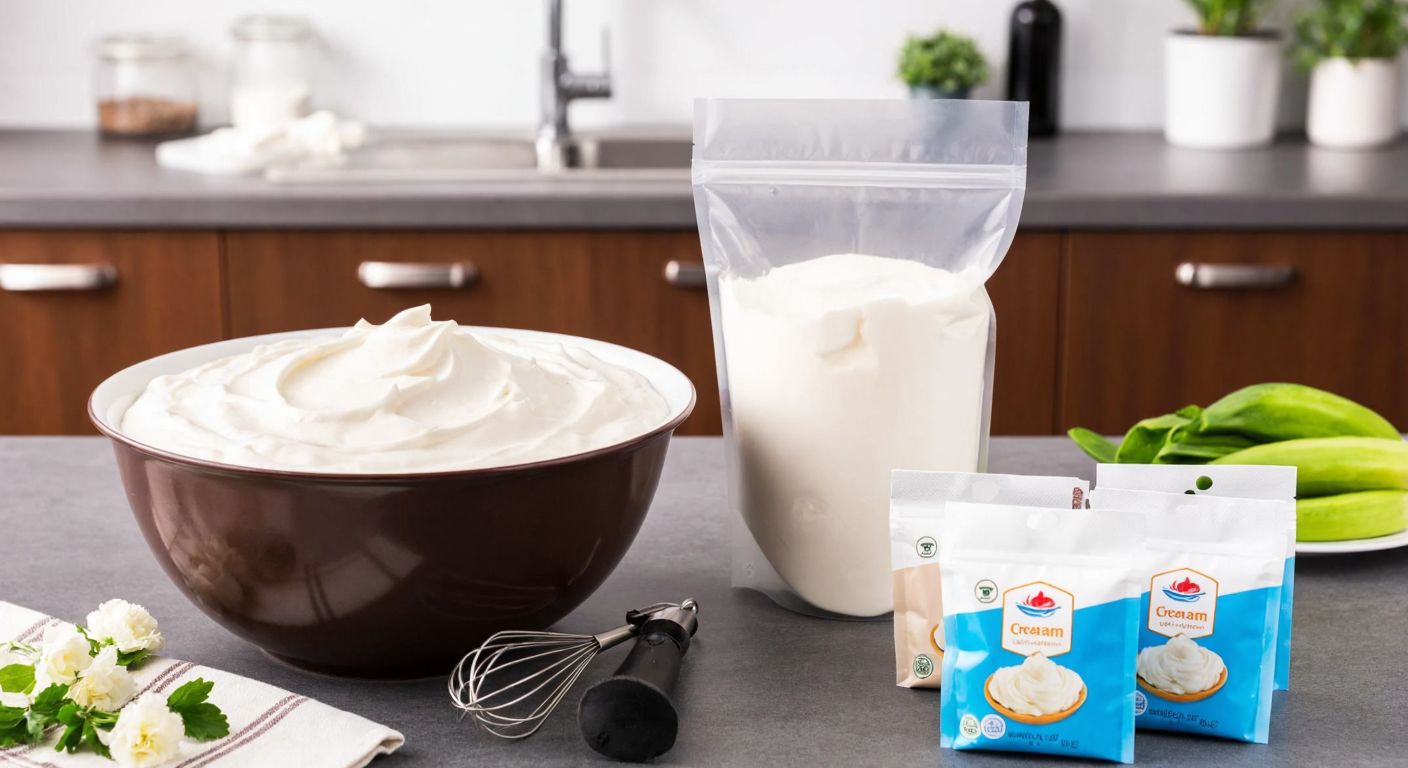 A Turkish kitchen counter with a large bowl of whipped cream, a 1 kg bag of cream powder, and several small 75g packets of whipped cream arranged neatly beside it, evoking a sense of preparation and abundance.
