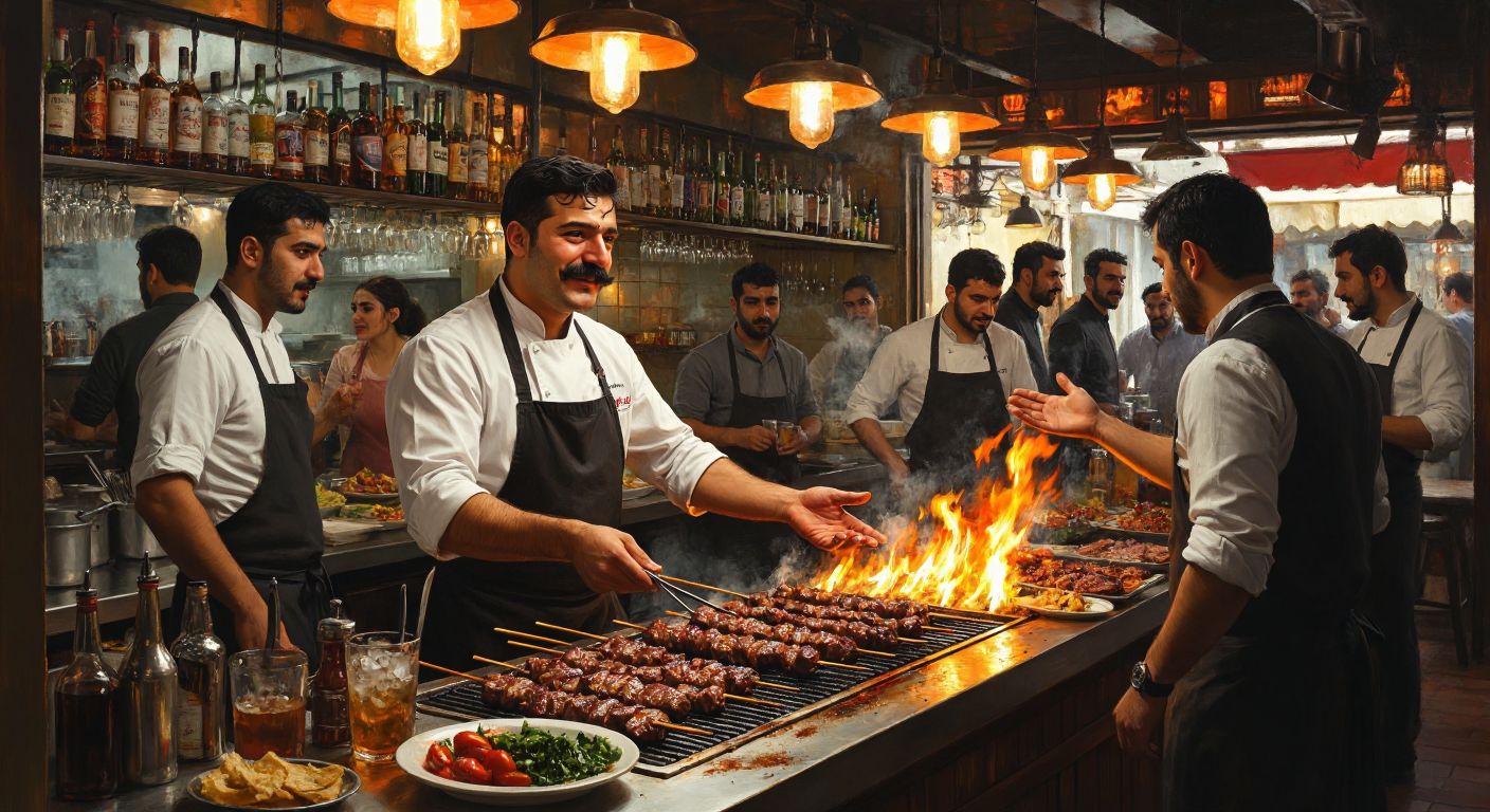 A bustling Turkish liver restaurant with a mustachioed chef grilling skewered meat over flames, surrounded by eager customers shaking their heads in disappointment as a waiter gestures toward a signless, alcohol-free beverage counter.