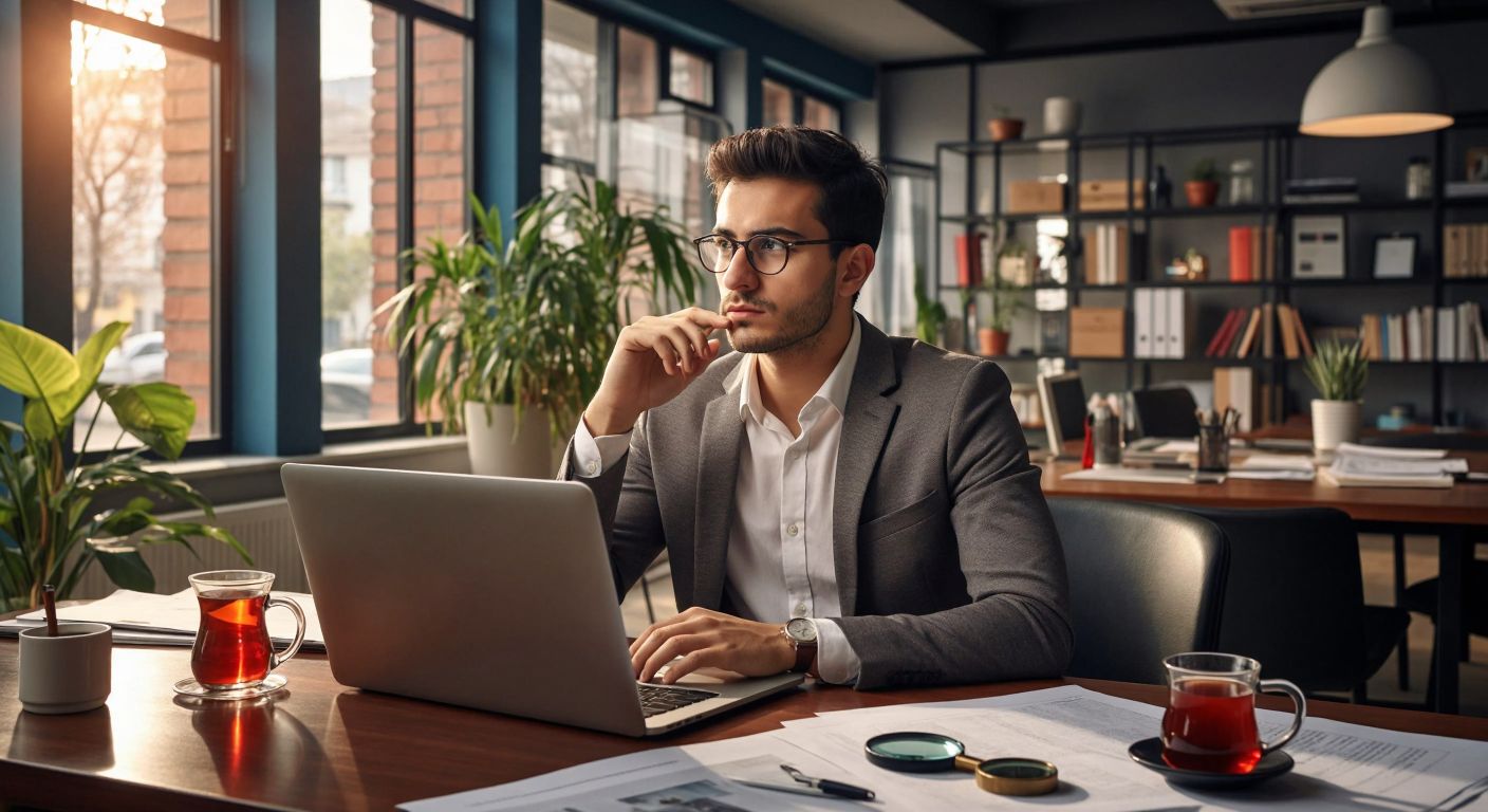 A person in a modern office in Turkey, wearing casual business attire, looking thoughtfully at a laptop screen with a magnifying glass resting nearby, surrounded by scattered papers and a steaming cup of Turkish tea.