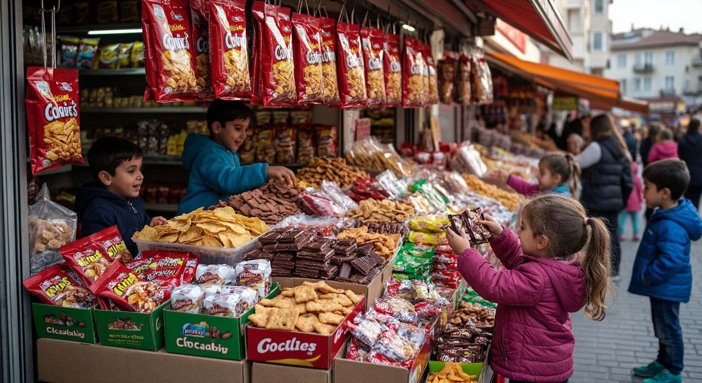 A vibrant Turkish market stall overflowing with colorful bags of chips, chocolate bars, biscuits, and fizzy drinks, surrounded by cheerful children eagerly reaching for their favorite snacks.