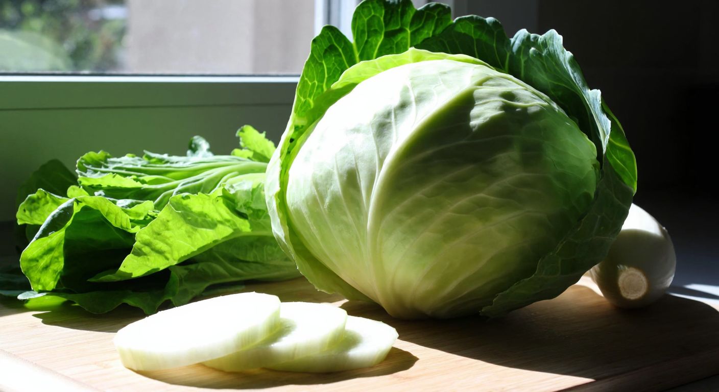 A fresh, crisp white cabbage rests on a wooden kitchen counter in Turkey, surrounded by vibrant green leaves and sliced pieces, with sunlight streaming through a nearby window, evoking health and natural nourishment.