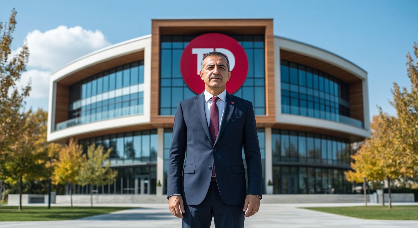 A distinguished Turkish man in a formal suit stands confidently in front of a modern university building with the TED logo subtly integrated into its architecture, symbolizing leadership and educational excellence.