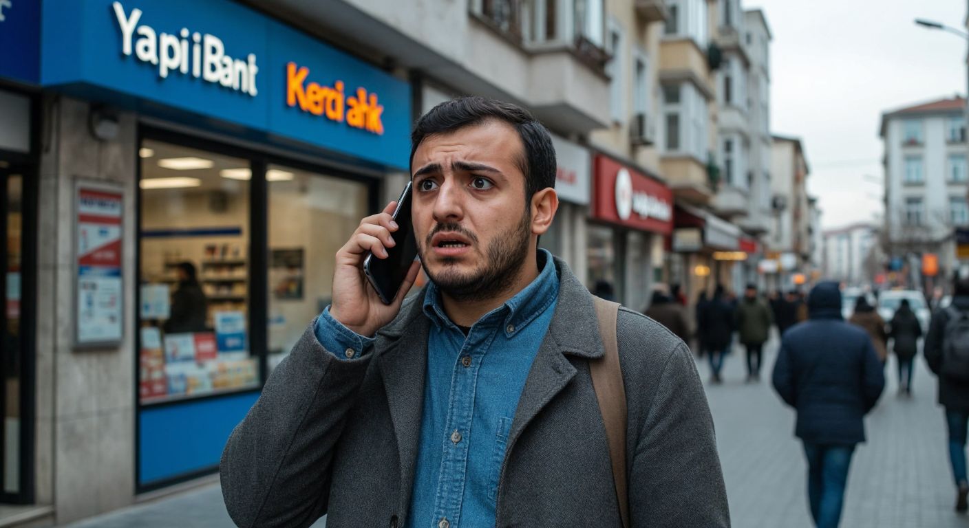 A confused person in Turkey holds a phone against their ear, standing near a bustling street with a Yapı Kredi Bank branch in the background, their expression shifting from frustration to cautious hope.