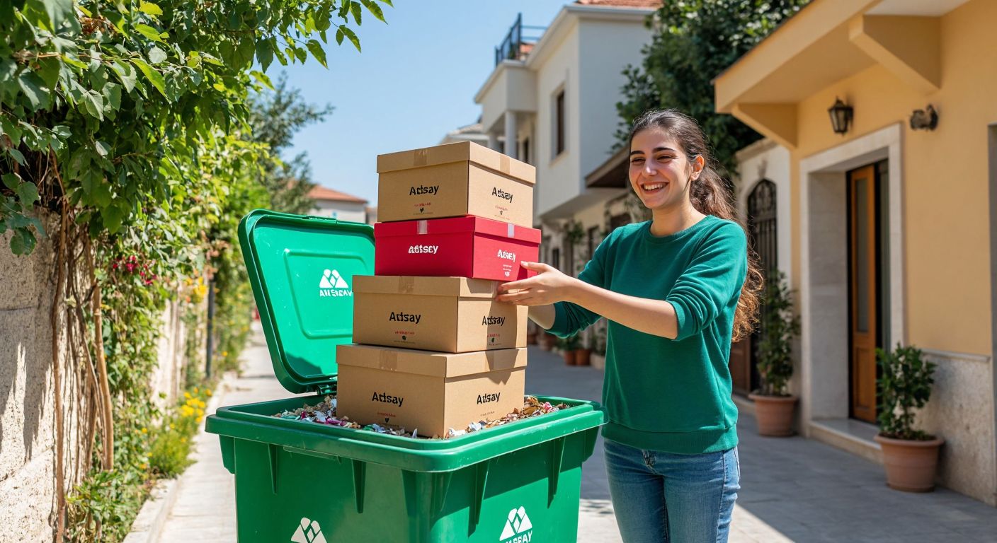 A stack of colorful cardboard Atasay boxes being placed into a green recycling bin by a smiling person in a sunny Turkish courtyard.